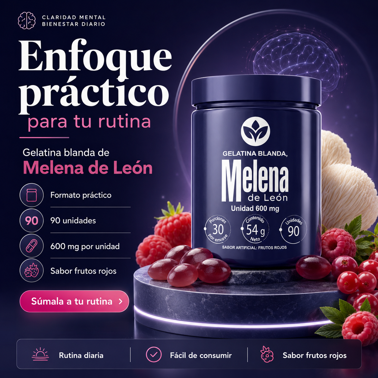 Melena de León Cápsulas Blandas Frutos Rojos Suplemento Natural Bienestar